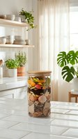 Glass jar filled with colorful autumn leaves and natural materials on white kitchen counter with plants and shelving in bright modern home interior.