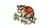 Possum perched on leafy branch, isolated on white background, suitable for wildlife design, educational materials, and nature-themed projects.