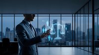 Professional businessman using holographic justice scales interface in modern office overlooking city skyline at night for legal technology presentations.