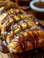 Sliced baguette with melted cheese, pulled pork, and drizzled barbecue sauce garnished with fresh herbs on wooden board.