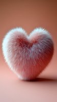 Fluffy pink heart-shaped fur object on coral background for Valentine's Day romance love concept design.