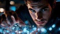 Young man with intense gaze behind glowing blue bokeh lights creating mysterious atmospheric portrait with dramatic lighting and magical ethereal effect.