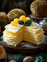 Layered puff pastry dessert with citrus spheres and mint leaves on top, dusted with powdered sugar, served on rustic wooden surface in dark moody setting.