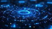 Glowing blue spiral galaxy pattern with luminous particles and light trails creating futuristic cosmic effect on dark background. Abstract digital technology concept.
