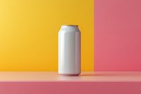 Blank white aluminum can mockup on pink shelf against yellow and pink background for beverage or product packaging design presentation.
