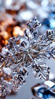 Crystal snowflake ornament with intricate details captured in macro photography. Warm golden light reflects through transparent material creating magical winter atmosphere.