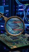 Magnifying glass revealing cybersecurity threat detection and vulnerability analysis on computer circuit board in data center server room environment.