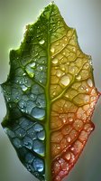 Vibrant leaf with water droplets illuminated by colorful gradient light showing detailed vein structure and cellular pattern for nature or environmental concepts.