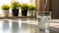 Fresh clean water pouring into glass on modern kitchen counter with green plants in background for healthy hydration and wellness lifestyle.