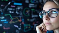 Young Caucasian businesswoman in glasses analyzing financial charts and data visualization on virtual screen. Professional female analyst studying market trends.
