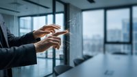 Professional businesswoman using transparent tablet device in modern corporate office with city skyline view for digital transformation and technology solutions.