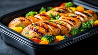 Grilled chicken breasts with colorful vegetables in black meal prep container. Juicy meat with char marks alongside broccoli and bell peppers for healthy eating.