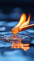 Burning match touching water surface creates dramatic contrast between fire and liquid, with orange flame reflecting in blue ripples and droplets.