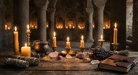 Ancient ritual altar with candles, crystals, herbs and mystical objects in stone temple with columns for spiritual ceremonies and occult practices.