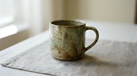 Rustic ceramic mug with speckled glaze sitting on neutral linen cloth near bright window, perfect for beverage, coffee, tea, and tableware designs.