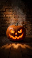 Carved jack-o-lantern with glowing orange face against rustic brick wall and wooden floor, perfect for autumn and seasonal holiday decorations.