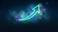 Glowing neon arrow pointing upward against dark starry background with colorful bokeh lights representing growth, success and progress in business.