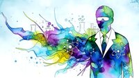 Professional businessman silhouette with colorful abstract watercolor splash and scientific molecular structures for creative business concepts.