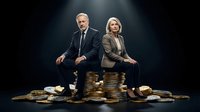 Successful senior business couple sitting on golden coins pile against dark background, representing wealth, financial success and prosperity in corporate world.