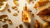 Luxurious golden serum dropper bottle surrounded by metallic gold autumn leaves on textured beige background, cosmetic product photography for beauty skincare.