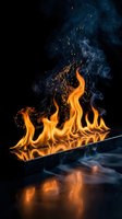Dramatic orange flames with sparks and smoke rising from dark surface against black background for energy and power concepts.