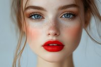Young blonde woman with blue eyes and red lipstick showcasing natural beauty makeup look for cosmetics and fashion industry applications.