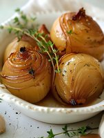 Caramelized whole onions with fresh thyme sprigs served in white ceramic bowl, golden brown glazed surface showing concentric layers, macro food photography.
