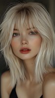Young Caucasian woman with platinum blonde layered hair, coral red lips, and natural makeup in moody lighting. Close-up beauty portrait showing freckled skin and blue eyes.
