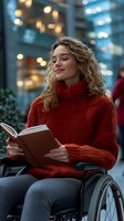 Young woman in wheelchair reading book wearing red sweater in modern urban setting with blurred city lights background for accessibility and inclusion concepts.
