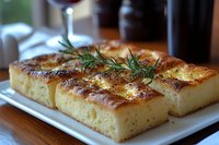 Golden focaccia bread squares garnished with fresh rosemary on white plate, served with red wine for Italian dining experience.