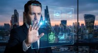 Professional businessman touching futuristic holographic interface with digital analytics and data visualization against modern city skyline at dusk.