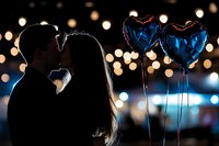Romantic silhouette of couple kissing with blue heart balloons against blurred bokeh lights background, creating magical evening atmosphere.