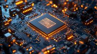 Computer processor chip on circuit board with glowing orange lights, showcasing advanced technology for computing, electronics, and digital innovation.