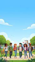 Diverse group of young students standing together in school park with green trees, clouds and clock tower building in background on sunny day for education and back to school concepts.