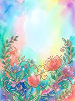 Colorful watercolor floral background with golden outlined flowers and leaves, pastel rainbow gradient, copy space for text, greeting card or poster design.