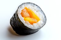 Fresh salmon maki sushi roll cross section showing bright orange raw fish and white rice wrapped in dark nori seaweed against white background.