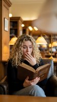 Surprised young Caucasian woman with curly blonde hair reading book in cozy library cafe, covering mouth with hand in shock, warm ambient lighting atmosphere.