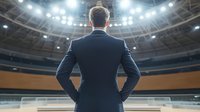 Businessman in suit standing with hands behind back facing empty stadium arena, view from behind. Leadership and success concept in sports management.