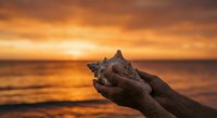 Hands holding large seashell against golden sunset ocean backdrop. Warm evening light creates romantic beach atmosphere for travel and vacation concepts.