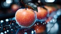 Fresh red apple covered in water drops against dark background with magical bokeh lights and reflective surface, creating ethereal atmosphere for food photography.