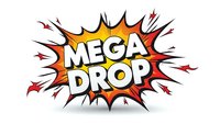 Comic book style explosion burst with mega drop text in bold letters on white background for promotional marketing and advertising campaigns.