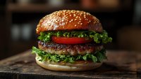Fresh grilled beef burger with lettuce, tomato, and sesame seed bun on rustic wooden board, close-up shot showing juicy patty and layered ingredients.