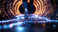 Futuristic glowing vortex tunnel with blue light streams and golden particles creating dynamic motion effect against dark background. Abstract sci-fi concept.