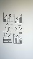 Business analytics icons set with growth charts, bar graphs, arrows and mathematical symbols for financial reports and data visualization presentations.