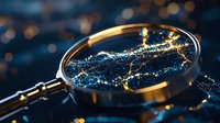 Magnifying glass revealing glowing blue network connections on dark background with golden bokeh lights, symbolizing data analysis and digital investigation.
