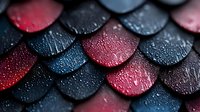 Macro shot of dark scales pattern with water drops, alternating black and red metallic surfaces creating dragon-like texture with wet glossy effect.