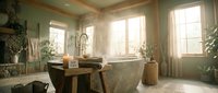 Serene spa bathroom with stone freestanding bathtub, steam rising, soft natural light, rustic wooden stool, green plants, and self-care candle for wellness concepts.