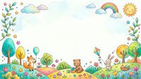 Whimsical children's landscape with colorful trees, clouds, rainbow, sun, and playful animals on rolling hills with flowers and balloons on isolated white background, suitable for nursery decor and kids' design projects.