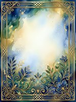 Ornate gold and blue decorative frame with watercolor botanical elements and luminous center space for text or design overlay.