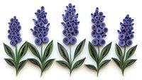 Paper quilled lavender flowers with green leaves arranged in decorative row on white background, handcrafted botanical art isolated for creative designs.